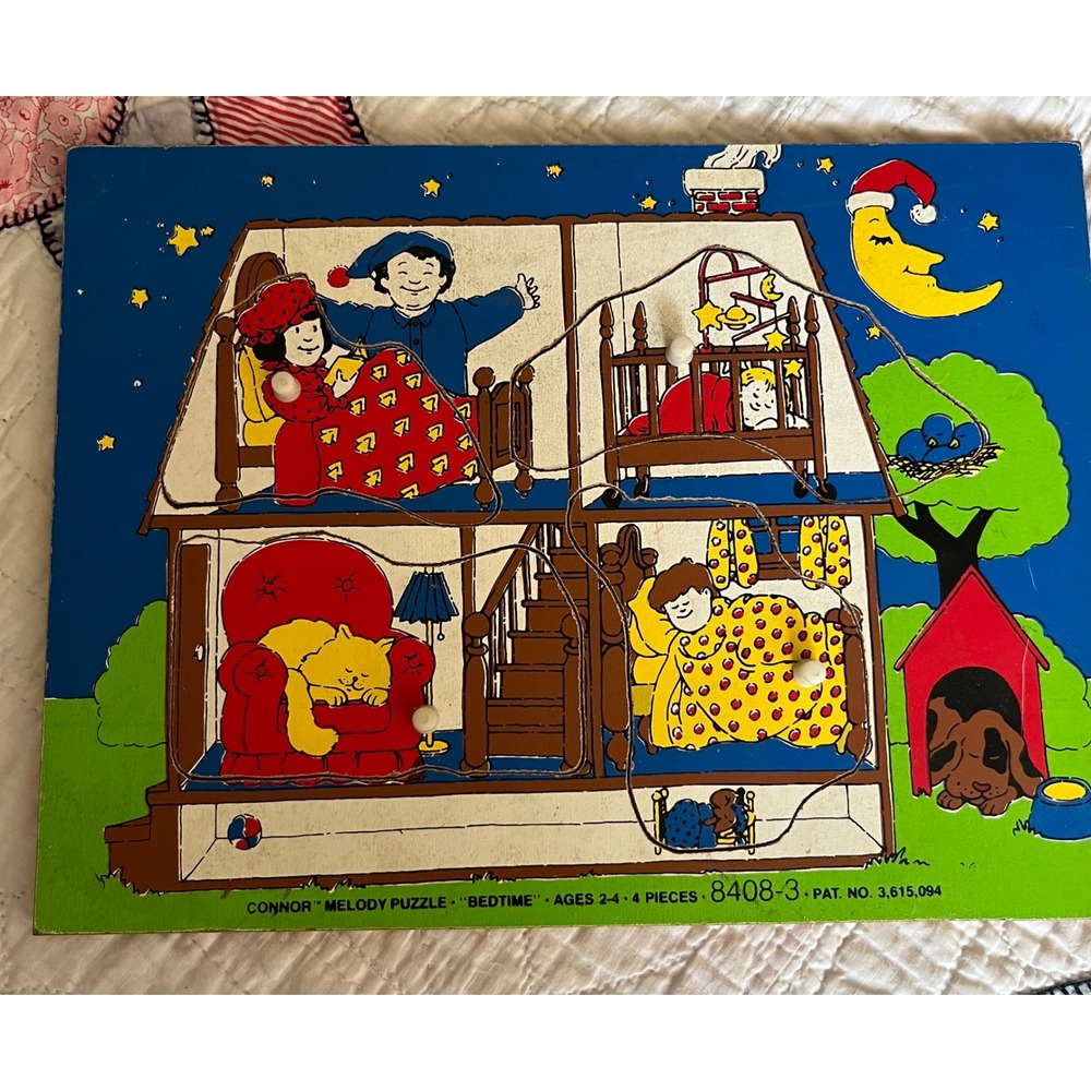 Vintage Connor Melody Puzzle Bedtime 8408-3 Wooden 4 Piece Peg Puzzle Ages 2-4